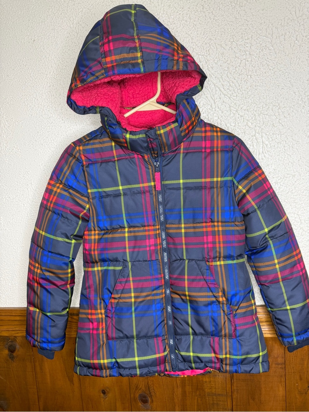 Girls' Plaid Puffer Jacket with Pink Sherpa Hood
